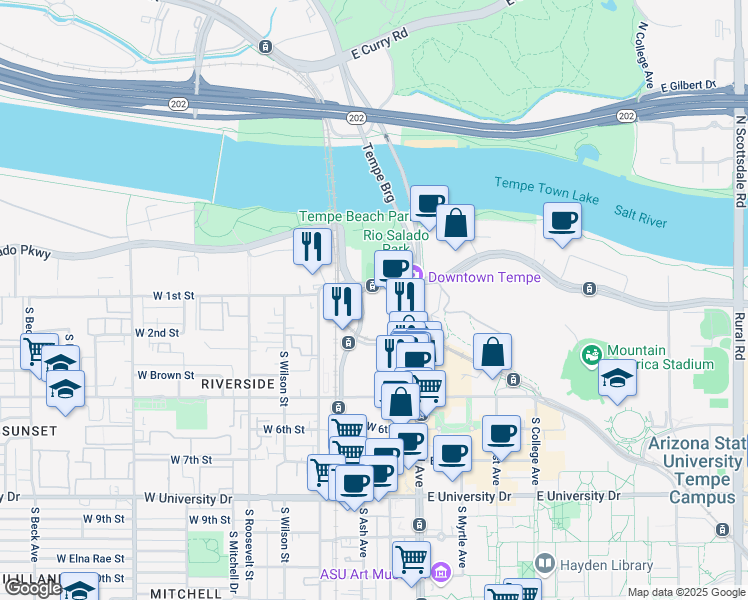 map of restaurants, bars, coffee shops, grocery stores, and more near 111 West Rio Salado Parkway in Tempe