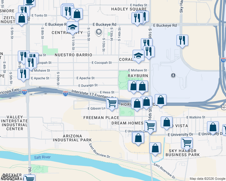 map of restaurants, bars, coffee shops, grocery stores, and more near 1318 East Hess Avenue in Phoenix