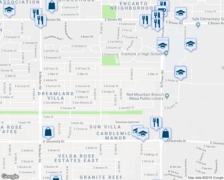 map of restaurants, bars, coffee shops, grocery stores, and more near 6448 East Dodge Street in Mesa