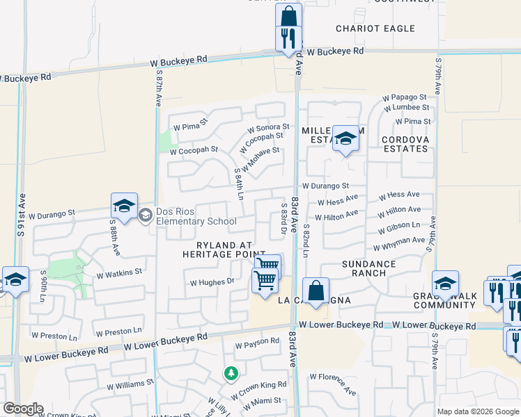 map of restaurants, bars, coffee shops, grocery stores, and more near 2017 South 84th Avenue in Tolleson