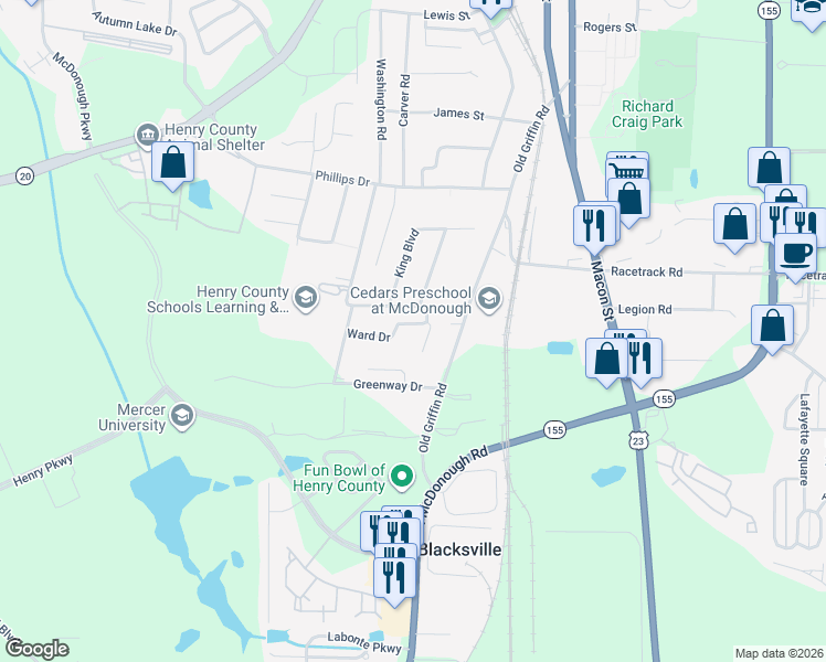 map of restaurants, bars, coffee shops, grocery stores, and more near 66 Ward Street in McDonough