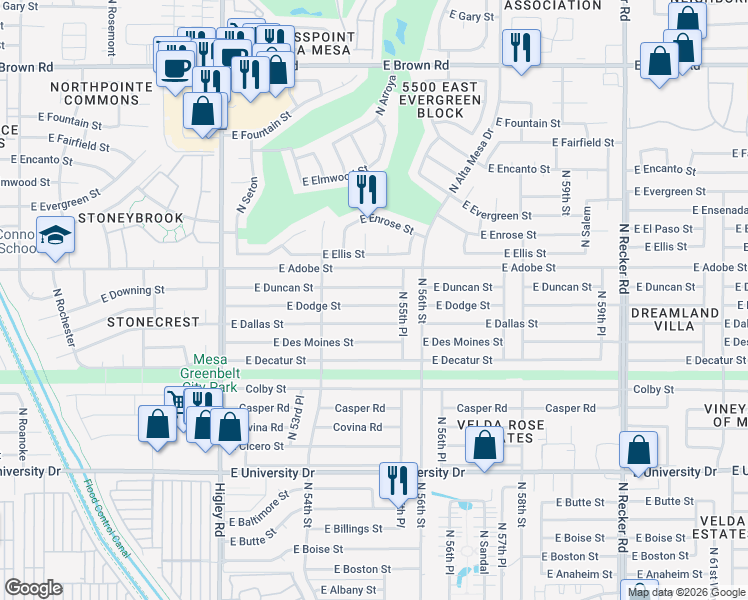 map of restaurants, bars, coffee shops, grocery stores, and more near 5502 East Dodge Street in Mesa