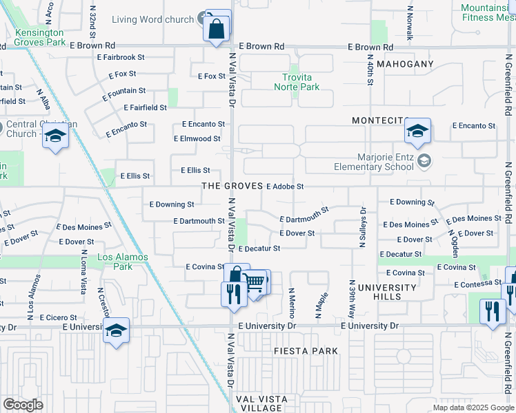 map of restaurants, bars, coffee shops, grocery stores, and more near 727 North Bermuda in Mesa