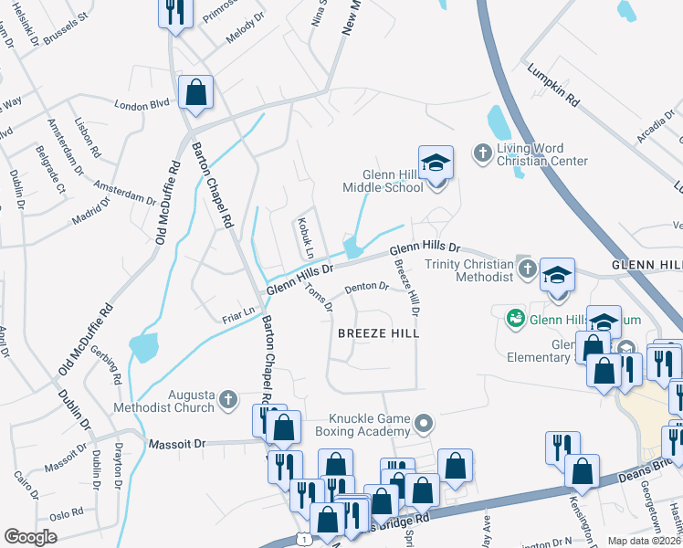 map of restaurants, bars, coffee shops, grocery stores, and more near 2968 Glenn Hills Drive in Augusta