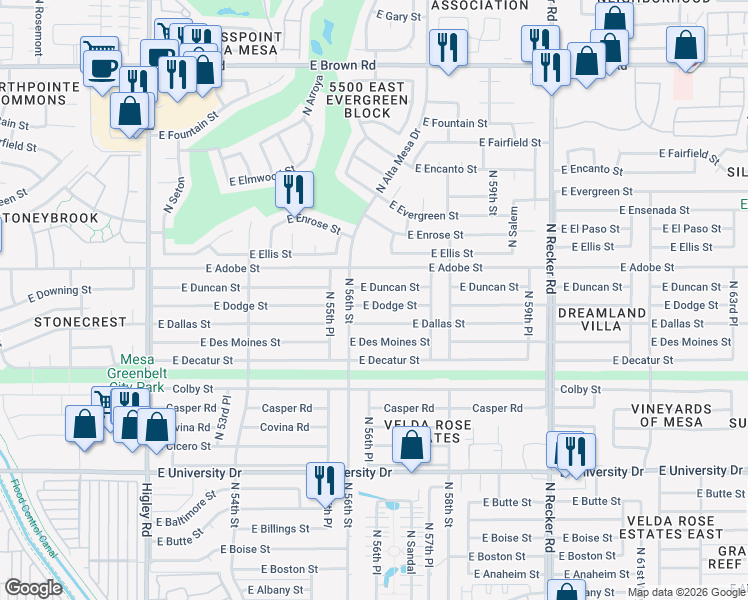 map of restaurants, bars, coffee shops, grocery stores, and more near 5626 East Dodge Street in Mesa