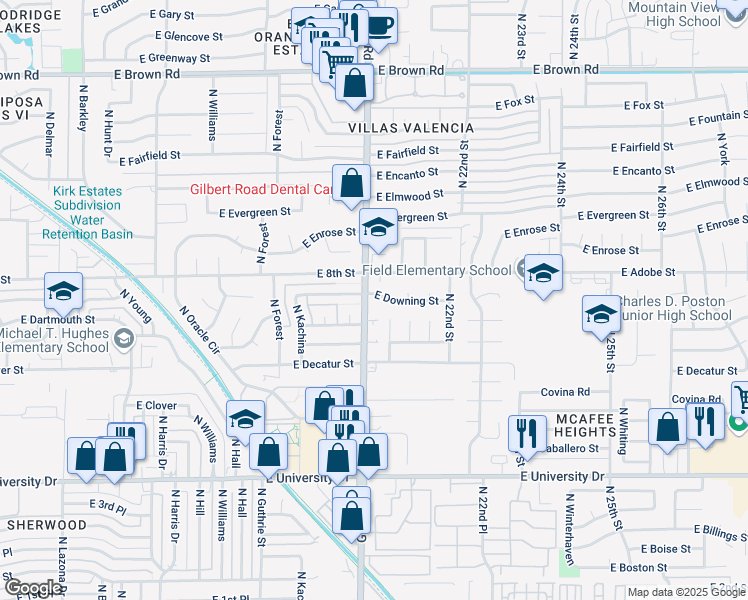 map of restaurants, bars, coffee shops, grocery stores, and more near 2021 East Downing Street in Mesa