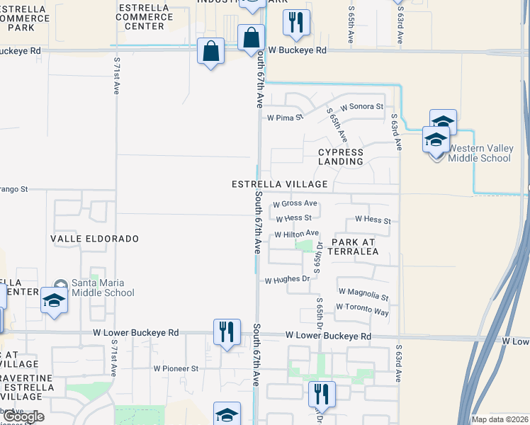 map of restaurants, bars, coffee shops, grocery stores, and more near 6626 West Hess Street in Phoenix