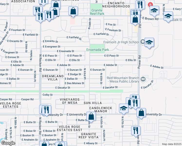 map of restaurants, bars, coffee shops, grocery stores, and more near 6408 East Dodge Street in Mesa