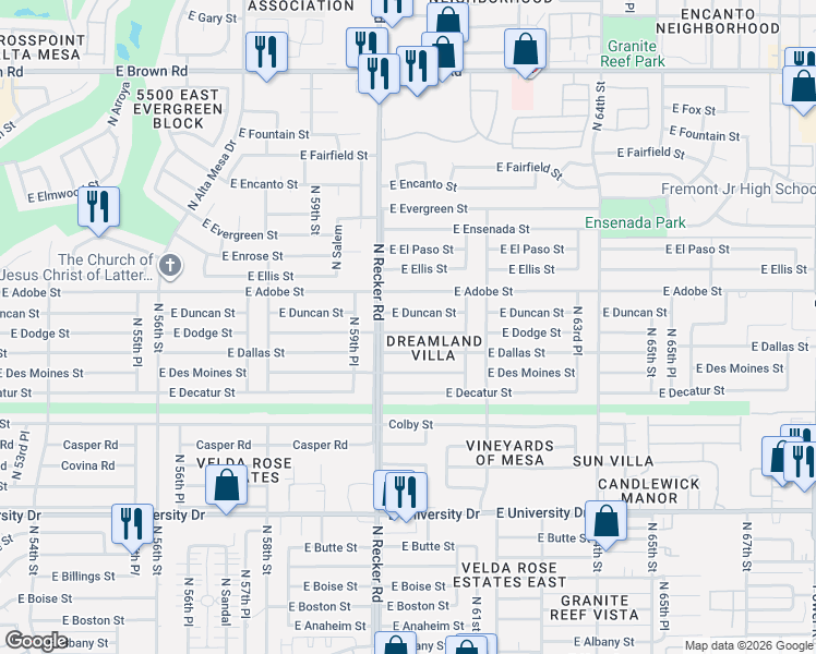 map of restaurants, bars, coffee shops, grocery stores, and more near 6032 E Dodge St in Mesa