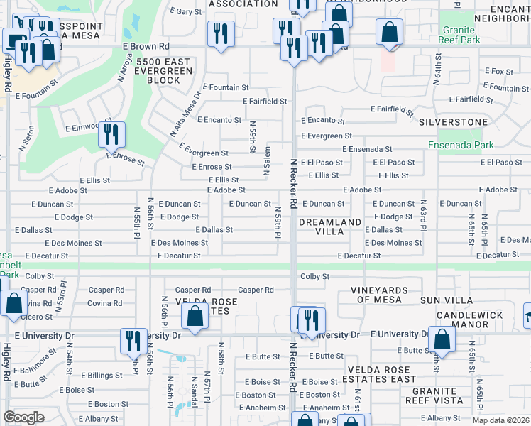 map of restaurants, bars, coffee shops, grocery stores, and more near 5914 East Dodge Street in Mesa