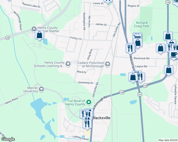 map of restaurants, bars, coffee shops, grocery stores, and more near 66 Ward Street in McDonough