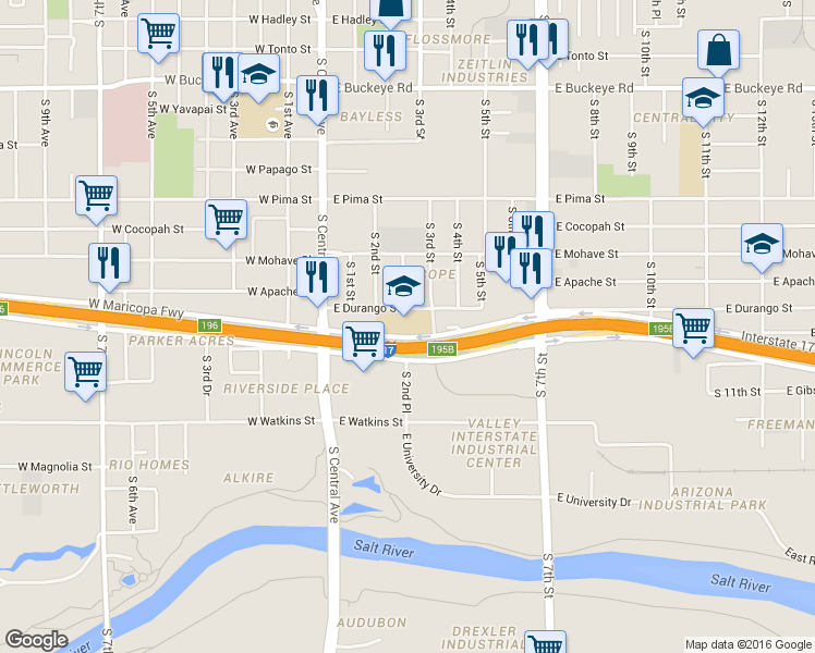 map of restaurants, bars, coffee shops, grocery stores, and more near 201 East Durango Street in Phoenix