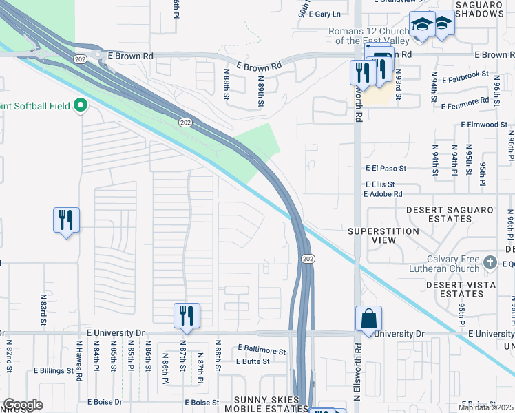 map of restaurants, bars, coffee shops, grocery stores, and more near 8866 East Downing Street in Mesa