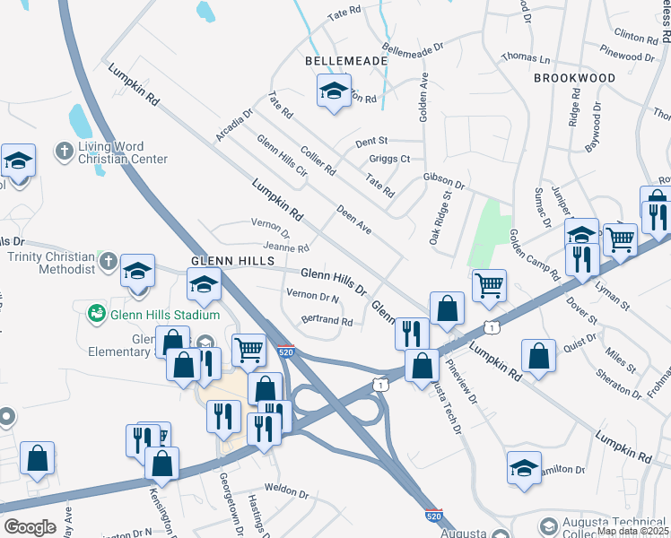 map of restaurants, bars, coffee shops, grocery stores, and more near 2715 Glenn Hills Drive in Augusta
