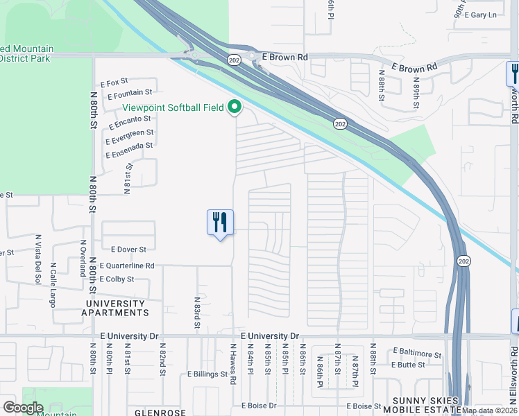 map of restaurants, bars, coffee shops, grocery stores, and more near Ln 4700 in Mesa
