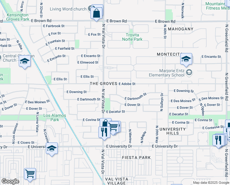 map of restaurants, bars, coffee shops, grocery stores, and more near 727 North Bermuda in Mesa