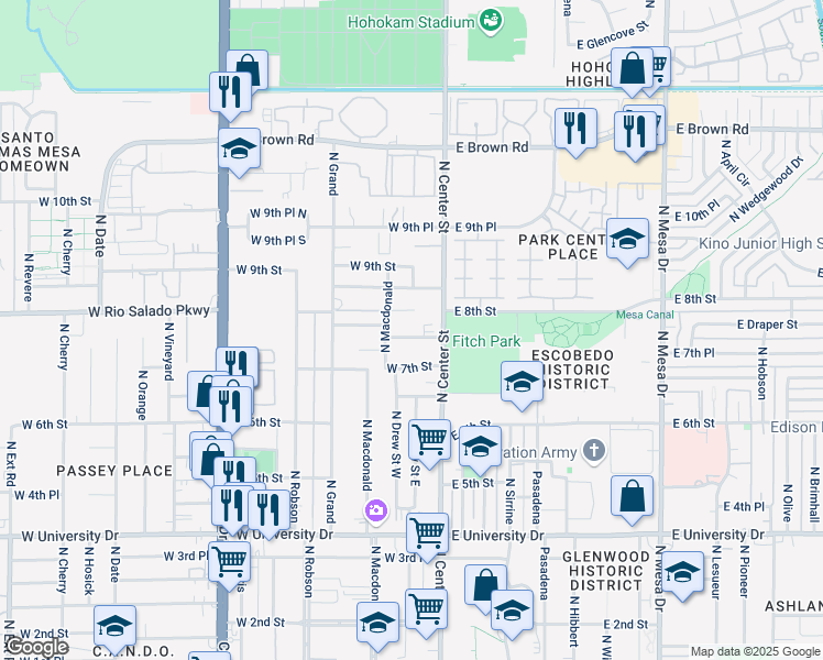 map of restaurants, bars, coffee shops, grocery stores, and more near 40 West 7th Place in Mesa
