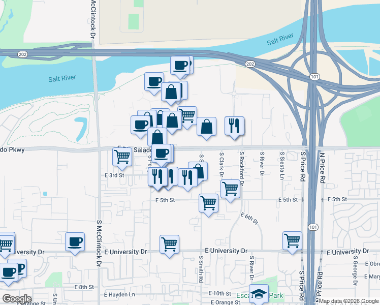 map of restaurants, bars, coffee shops, grocery stores, and more near 1985 East Rio Salado Parkway in Tempe