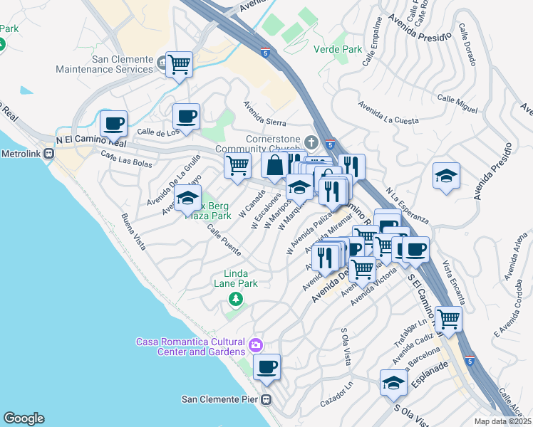 map of restaurants, bars, coffee shops, grocery stores, and more near 126 West Mariposa in San Clemente