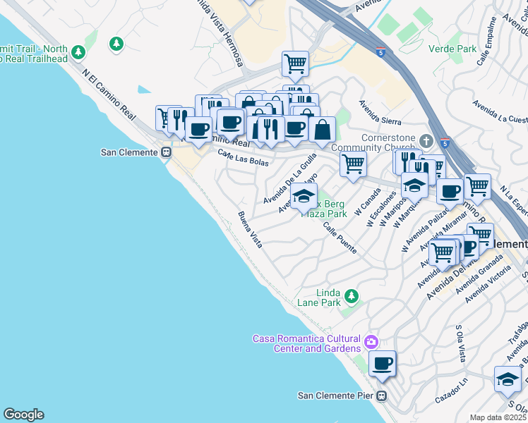 map of restaurants, bars, coffee shops, grocery stores, and more near 230 Avenida Pelayo in San Clemente