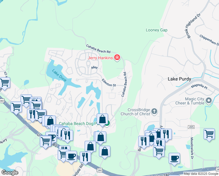 map of restaurants, bars, coffee shops, grocery stores, and more near 1104 Barristers Court in Birmingham