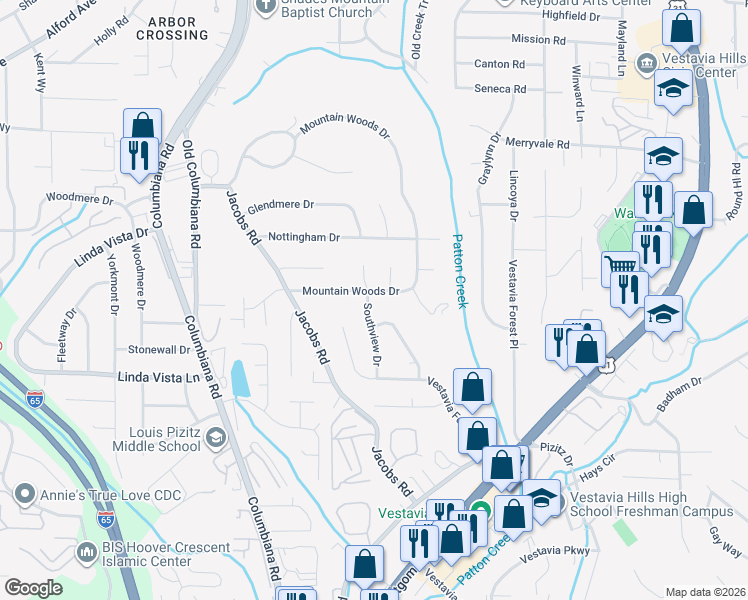 map of restaurants, bars, coffee shops, grocery stores, and more near 2637 Mountain Woods Drive in Vestavia Hills