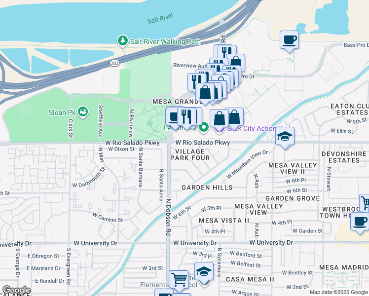 map of restaurants, bars, coffee shops, grocery stores, and more near 8 West Rio Salado Parkway in Mesa