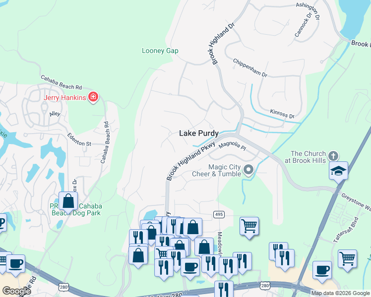 map of restaurants, bars, coffee shops, grocery stores, and more near 1030 Newhaven Court in Birmingham