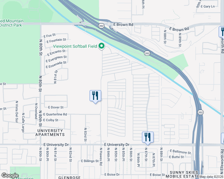 map of restaurants, bars, coffee shops, grocery stores, and more near Ln 4700 in Mesa