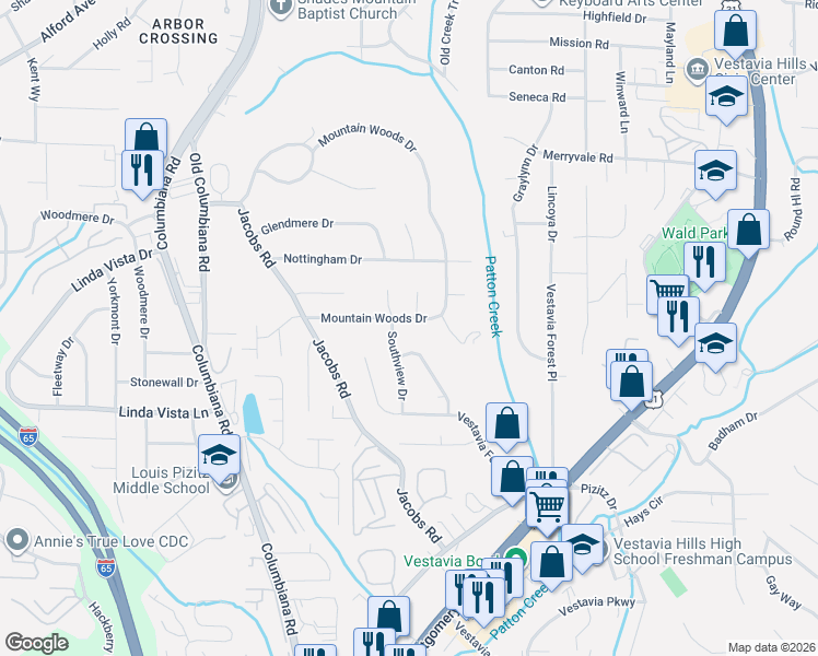 map of restaurants, bars, coffee shops, grocery stores, and more near 2637 Mountain Woods Drive in Vestavia Hills