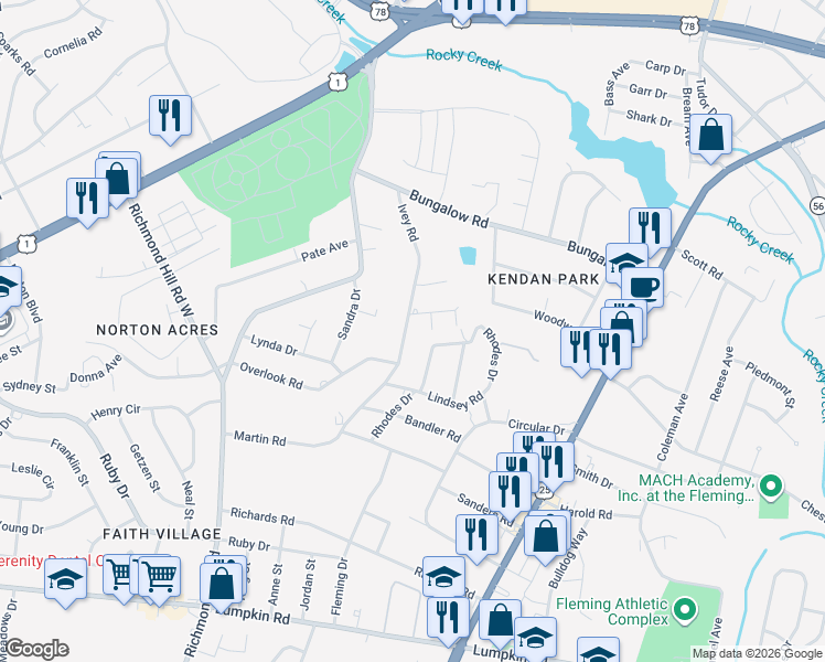 map of restaurants, bars, coffee shops, grocery stores, and more near 2544 Ivey Road in Augusta
