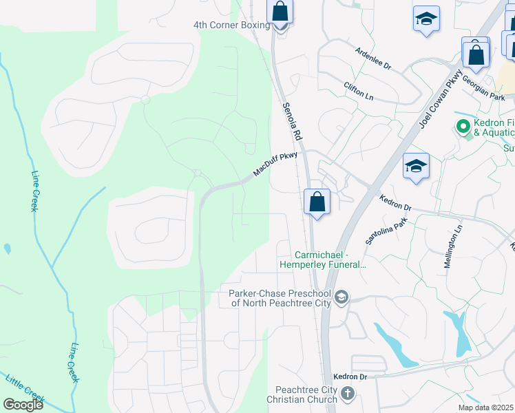 map of restaurants, bars, coffee shops, grocery stores, and more near 180 Senoia Road in Peachtree City