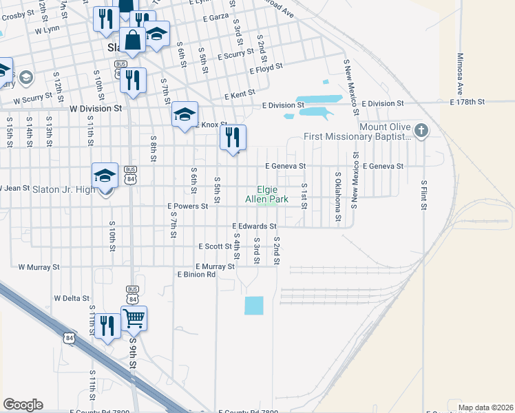 map of restaurants, bars, coffee shops, grocery stores, and more near 599 E Powers St in Slaton