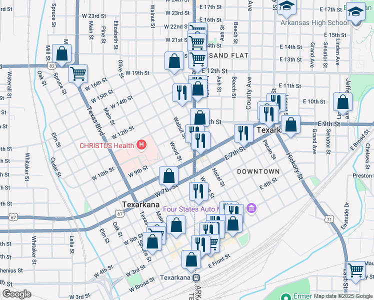 map of restaurants, bars, coffee shops, grocery stores, and more near 817 Walnut Street in Texarkana
