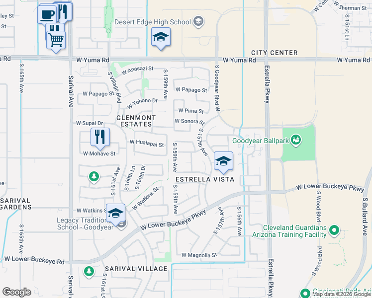 map of restaurants, bars, coffee shops, grocery stores, and more near 15834 West Mohave Street in Goodyear