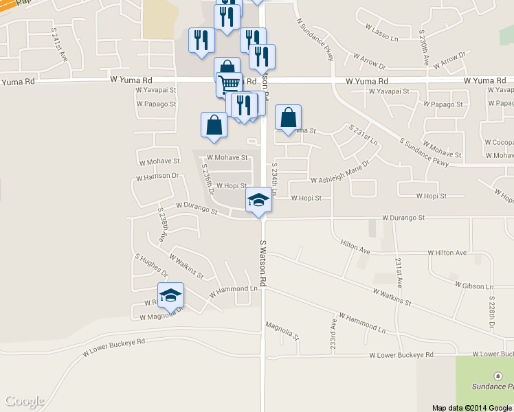 map of restaurants, bars, coffee shops, grocery stores, and more near 1929 South 235th Drive in Buckeye