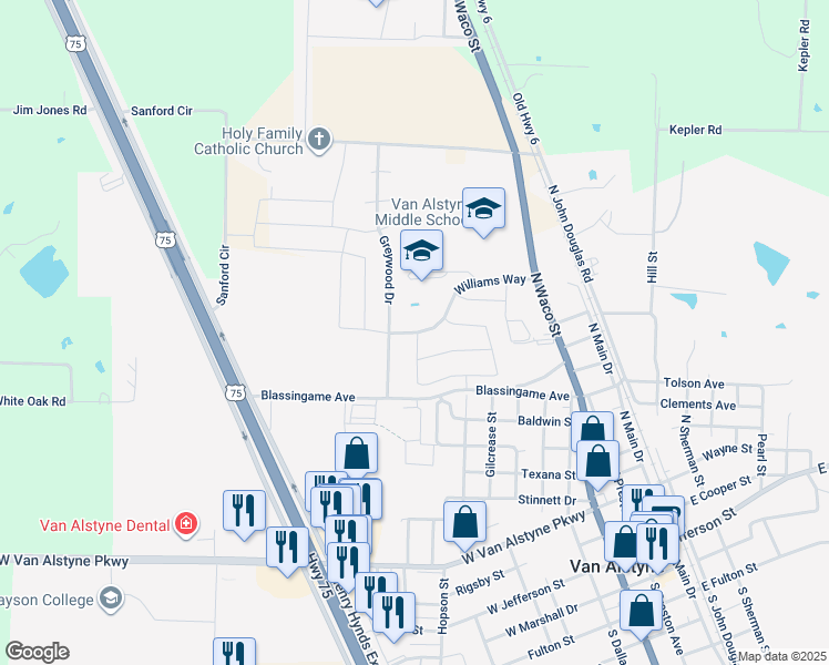 map of restaurants, bars, coffee shops, grocery stores, and more near 821 Williams Way in Van Alstyne