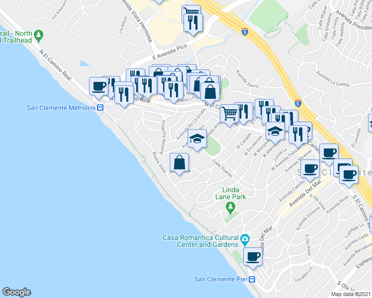 map of restaurants, bars, coffee shops, grocery stores, and more near 213 Avenida Pelayo in San Clemente