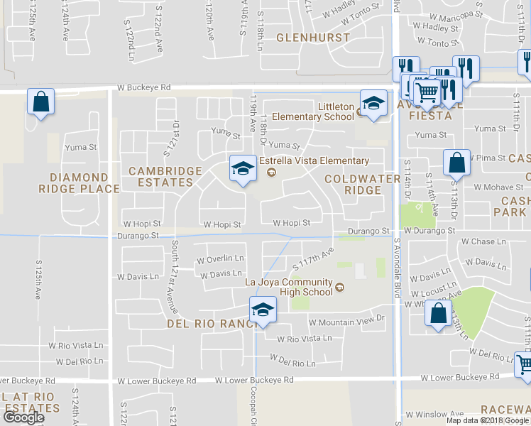 map of restaurants, bars, coffee shops, grocery stores, and more near 1805 South 118th Drive in Avondale