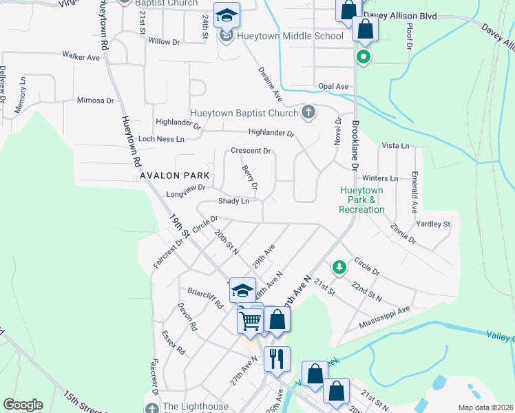 map of restaurants, bars, coffee shops, grocery stores, and more near 2052 Shady Ln in Bessemer