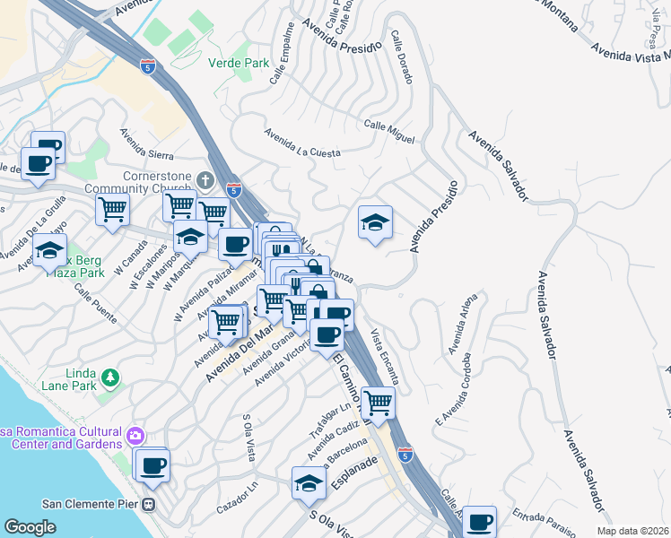 map of restaurants, bars, coffee shops, grocery stores, and more near 139 North La Esperanza in San Clemente
