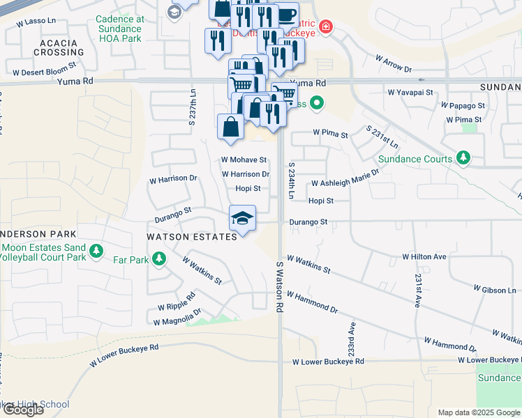 map of restaurants, bars, coffee shops, grocery stores, and more near 1929 South 235th Drive in Buckeye