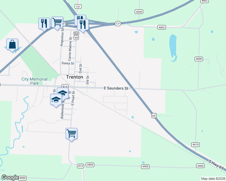map of restaurants, bars, coffee shops, grocery stores, and more near 603 East Saunders Street in Trenton