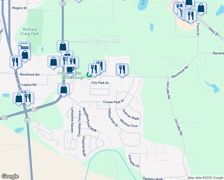 map of restaurants, bars, coffee shops, grocery stores, and more near 465 City Park Drive in McDonough