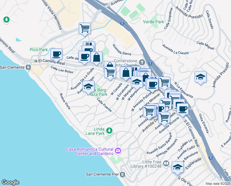 map of restaurants, bars, coffee shops, grocery stores, and more near 129 West Canada in San Clemente