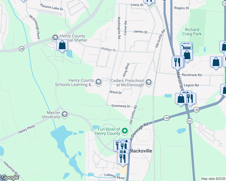 map of restaurants, bars, coffee shops, grocery stores, and more near 11 Ward Street in McDonough