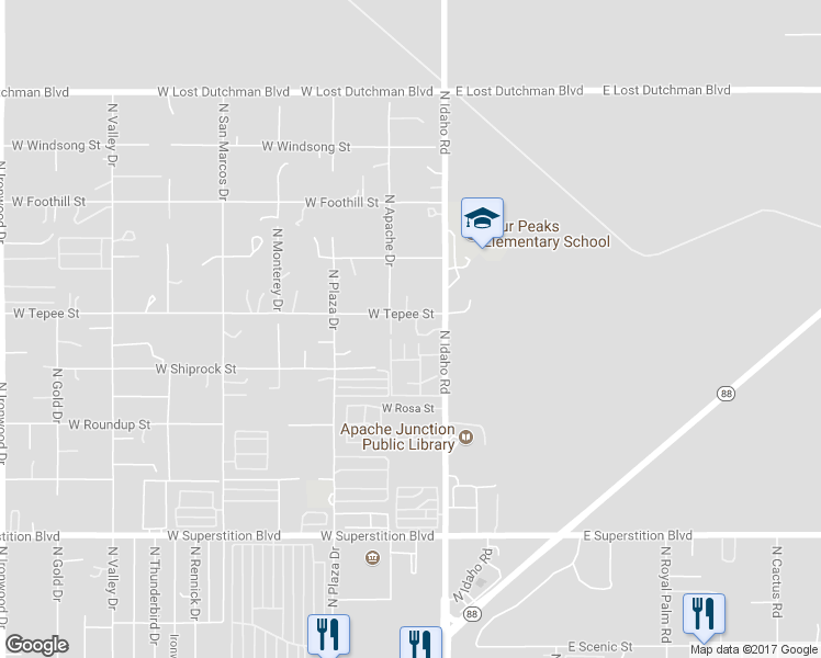map of restaurants, bars, coffee shops, grocery stores, and more near 121 West Rawhide Street in Apache Junction