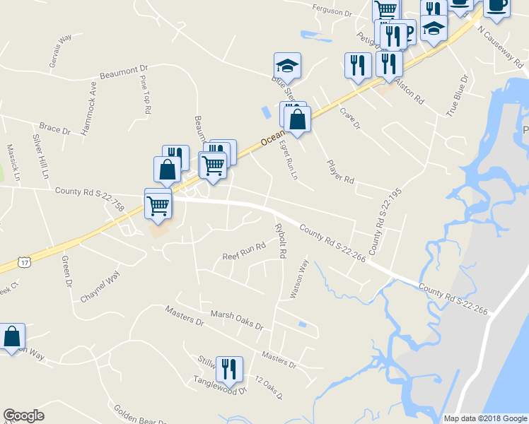 map of restaurants, bars, coffee shops, grocery stores, and more near 1 Navigators Drive in Pawleys Island