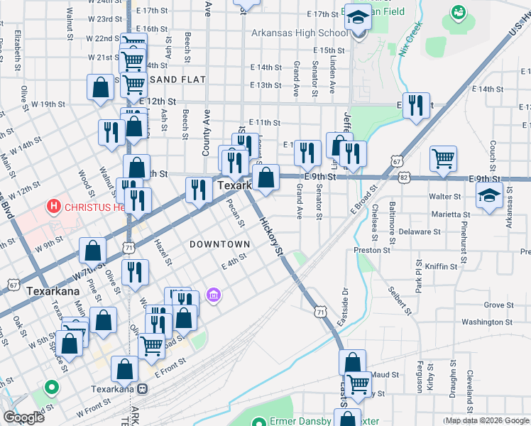 map of restaurants, bars, coffee shops, grocery stores, and more near 500 Hickory Street in Texarkana
