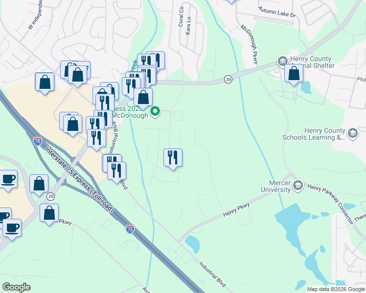 map of restaurants, bars, coffee shops, grocery stores, and more near 615 Fieldcrest Drive in McDonough